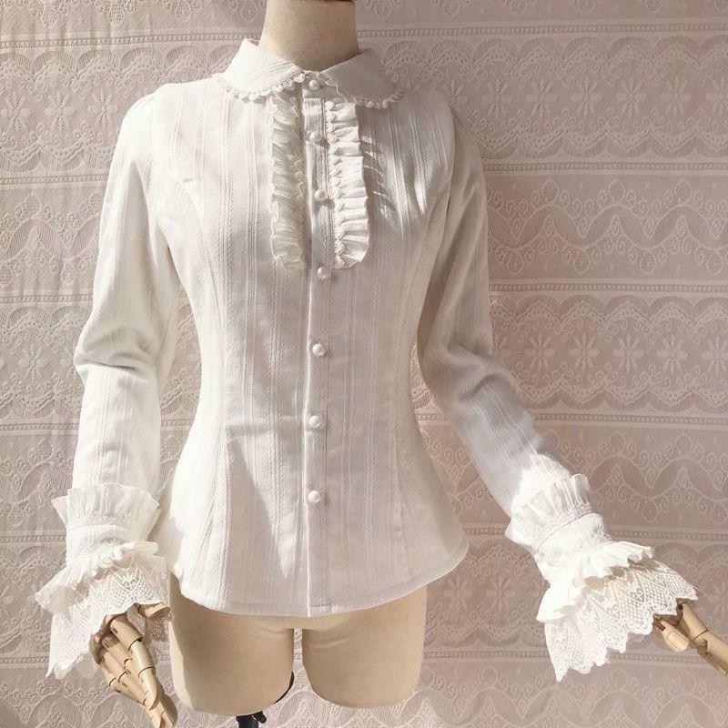 洛丽塔洋气春秋新款少女荷叶边花边lolita长袖提花衬衫日系风格