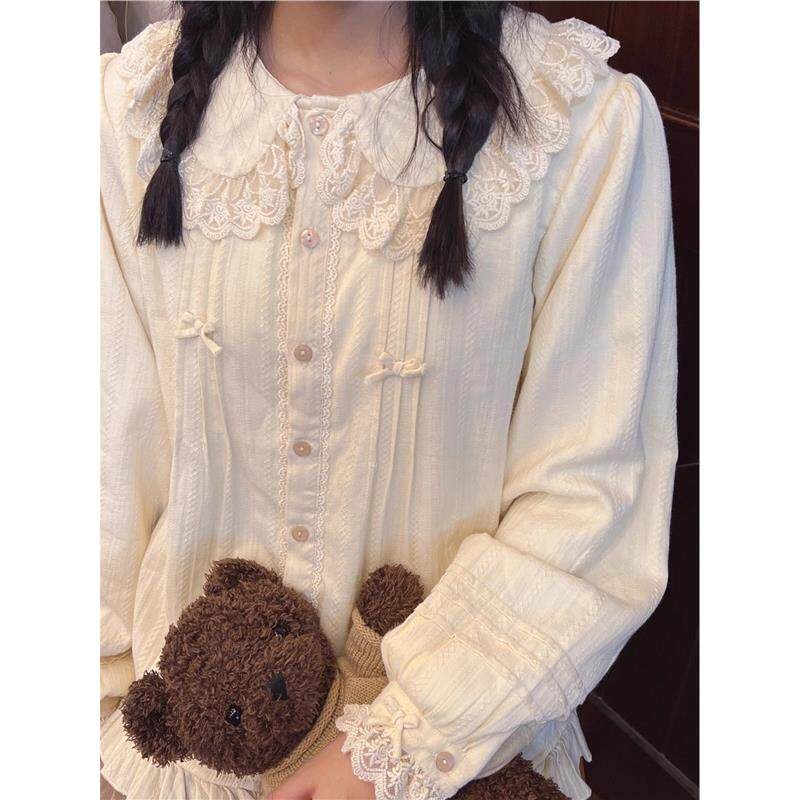 2025新款甜美lolita裙原创内搭娃娃领百搭荷叶边长袖衬衫加厚保暖