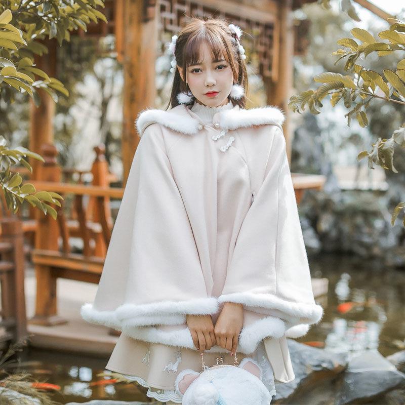 秋冬新款胖mm300斤特大码改良汉服汉元素lolita连帽披风斗篷外套