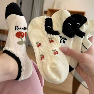吸汗浅口袜子m 可爱隐形船袜网眼ins夏季 春夏季 樱桃透气短袜薄款