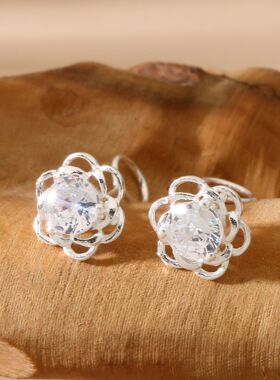 S999足银花朵耳钉女简约时尚镂空