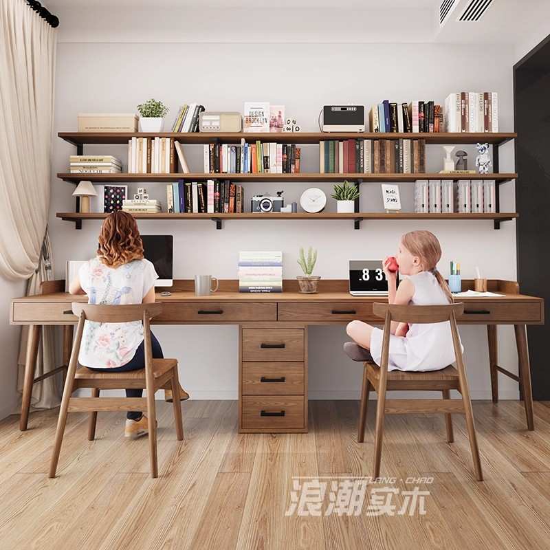 实木书桌带抽屉墙上书架收纳置物架靠墙电脑桌书房学习桌学生家用