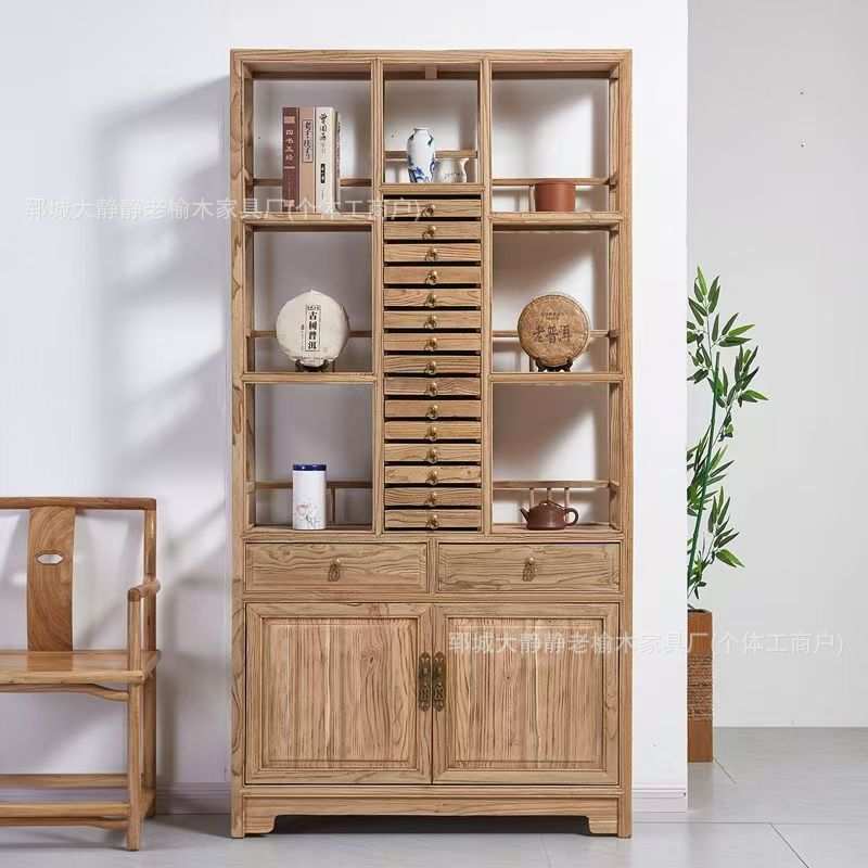 老榆木茶饼收纳柜靠墙茶室展示柜多层普洱茶储物柜中式原木边柜