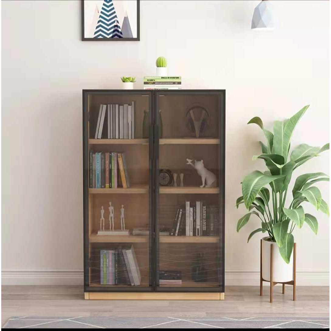 现代简约全实木书柜落地防尘书橱储物柜可调节层收纳柜带灯玻璃柜