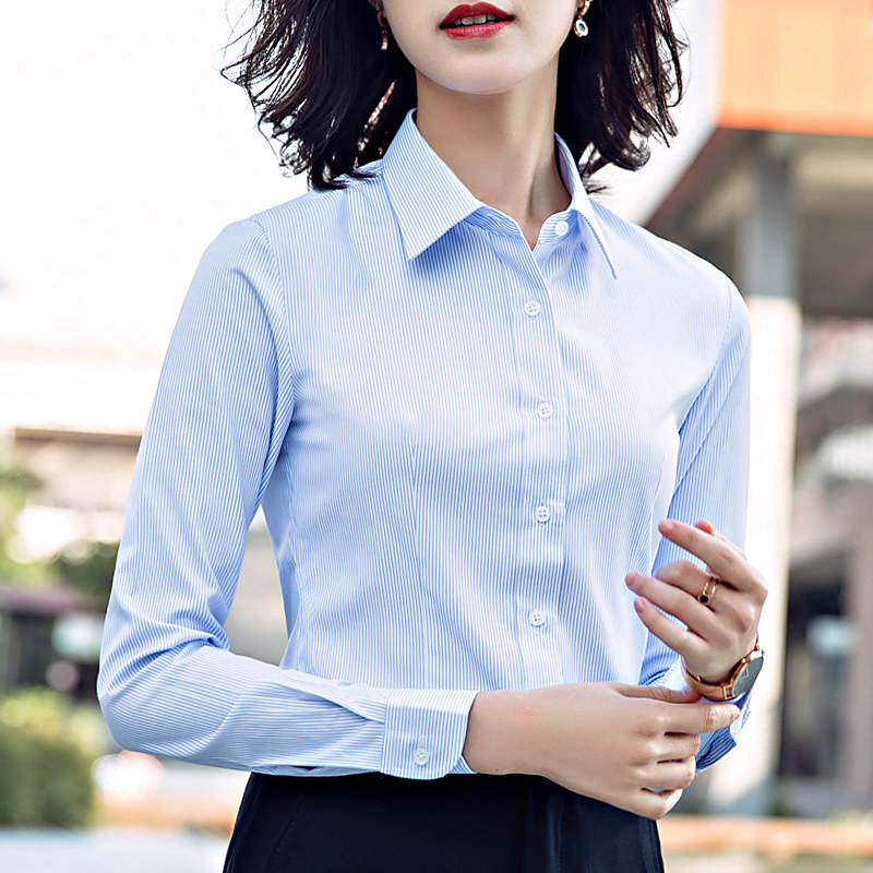 蓝色细条纹衬衫女长袖教