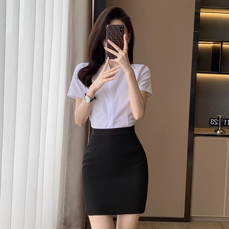 v领白衬衫女短袖职业夏季