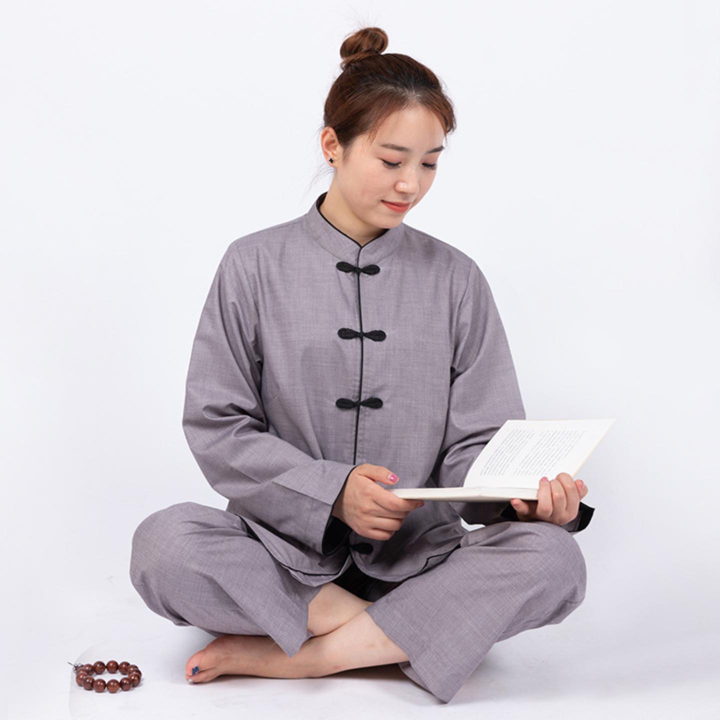 女款立领黑边居士禅修服套装盘扣
