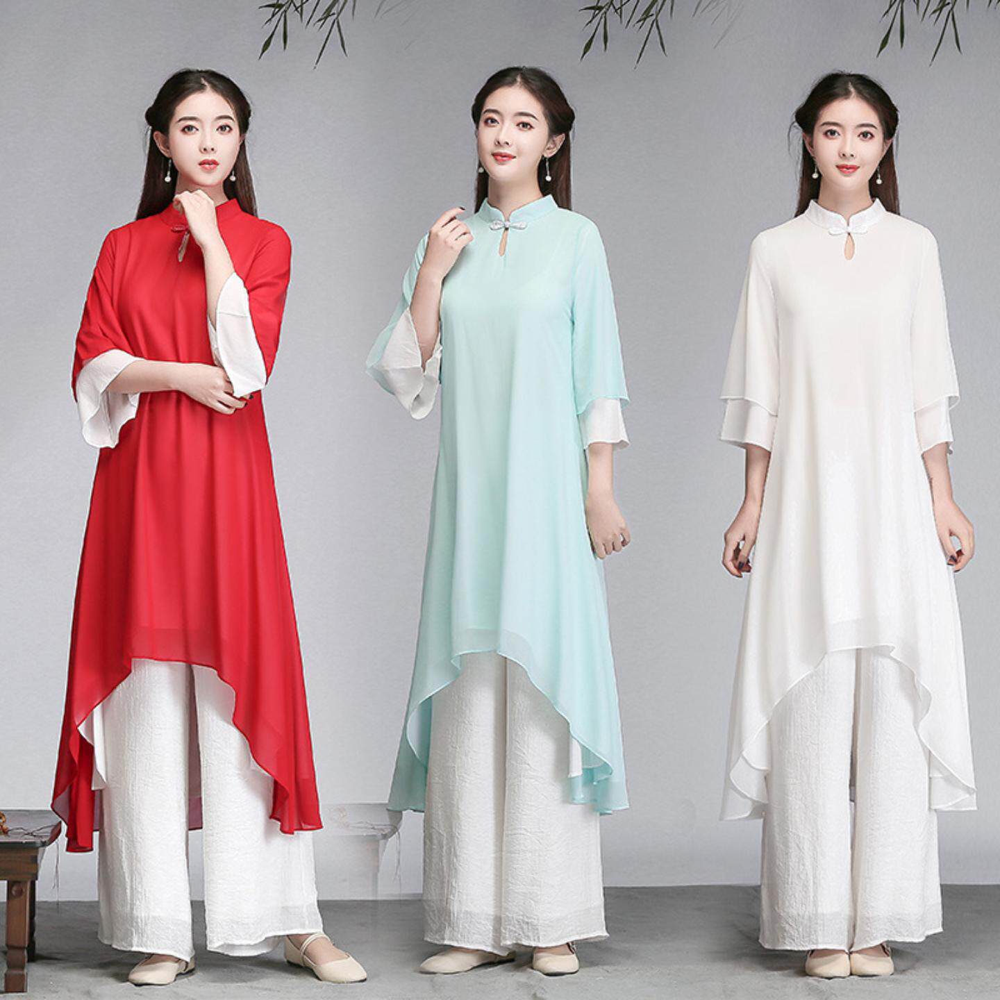 中国风禅意女装雪纺连衣裙茶服
