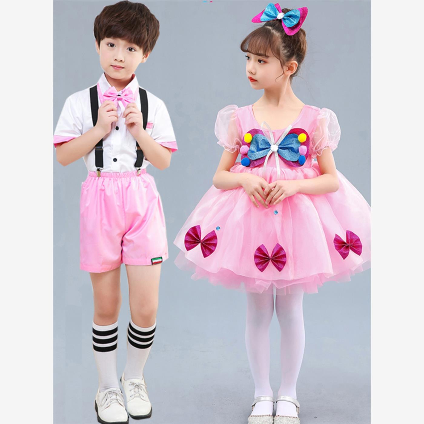 六一新款儿童演出服小可爱纱裙粉红色蝴蝶公主裙幼儿园舞蹈服