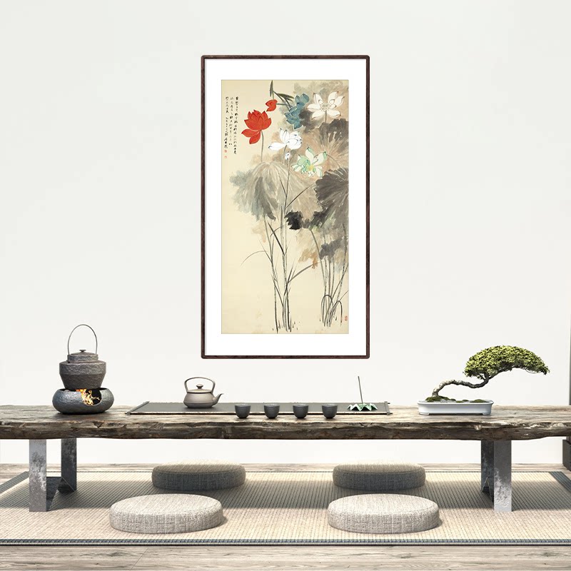 张大千五色荷花国画轴复制品画芯现代装饰画