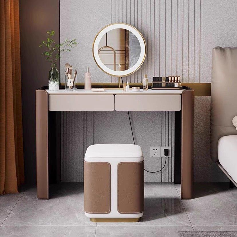 意式轻奢网红小户型现代实木梳妆台岩板马鞍皮化妆桌收纳斗柜一体