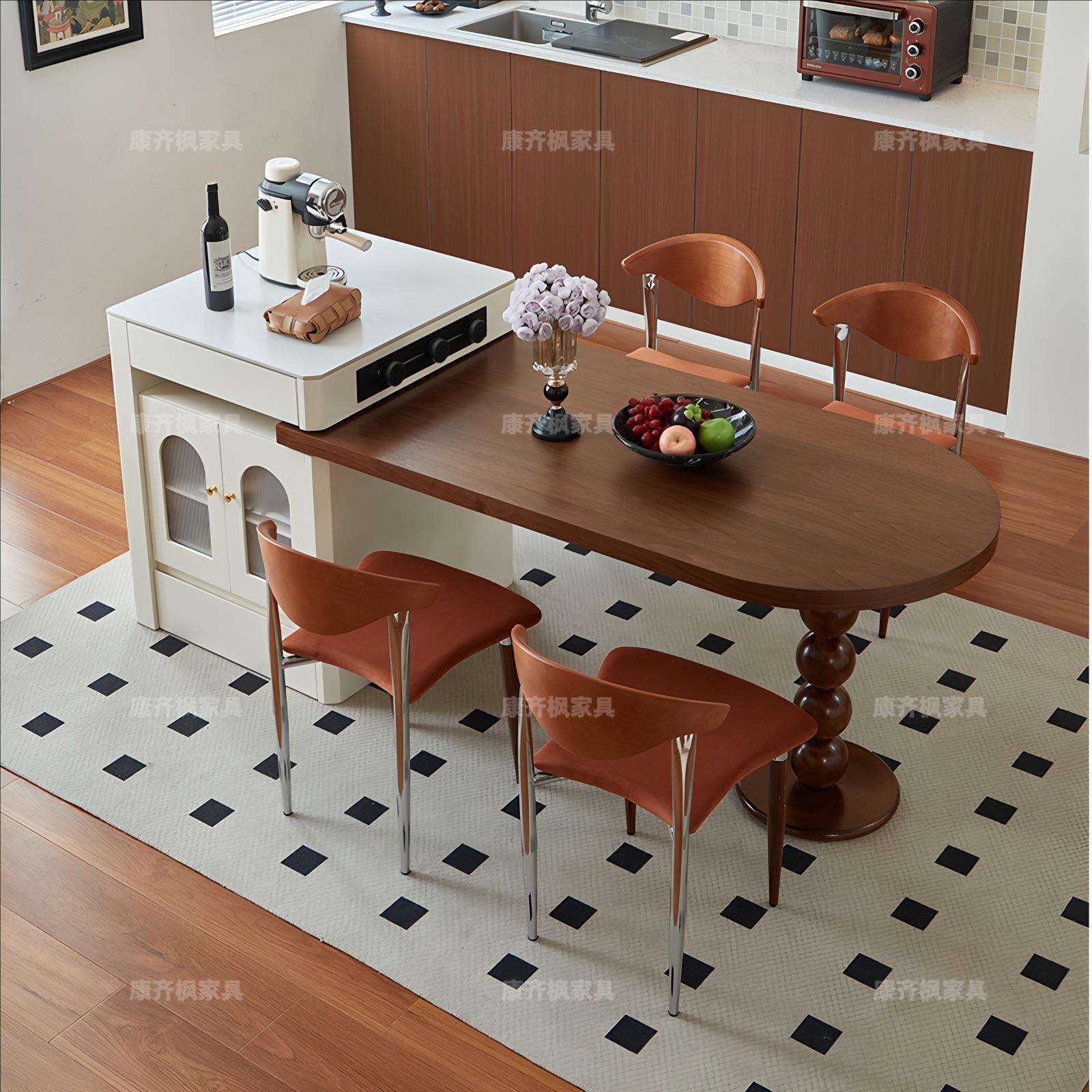 中古风岛台餐桌一体可伸缩黑胡桃家用开放式半圆型厨房中岛台饭桌