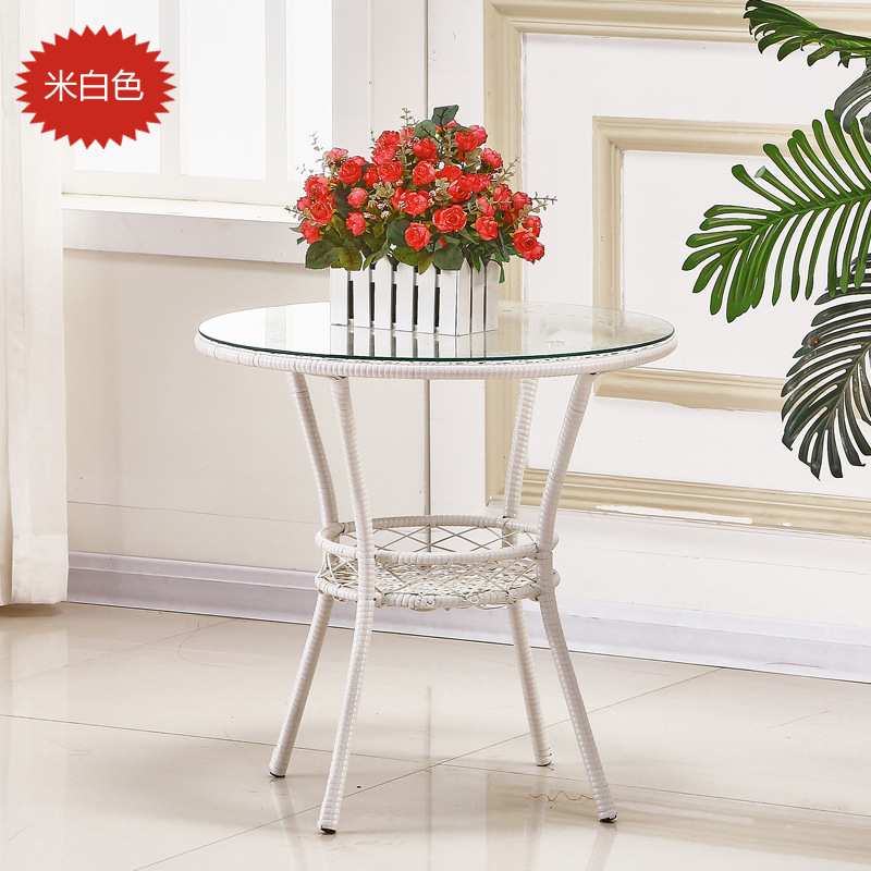 现代简约阳台小茶几钢化玻璃小圆桌藤编玻璃茶几圆形休闲迷你桌子
