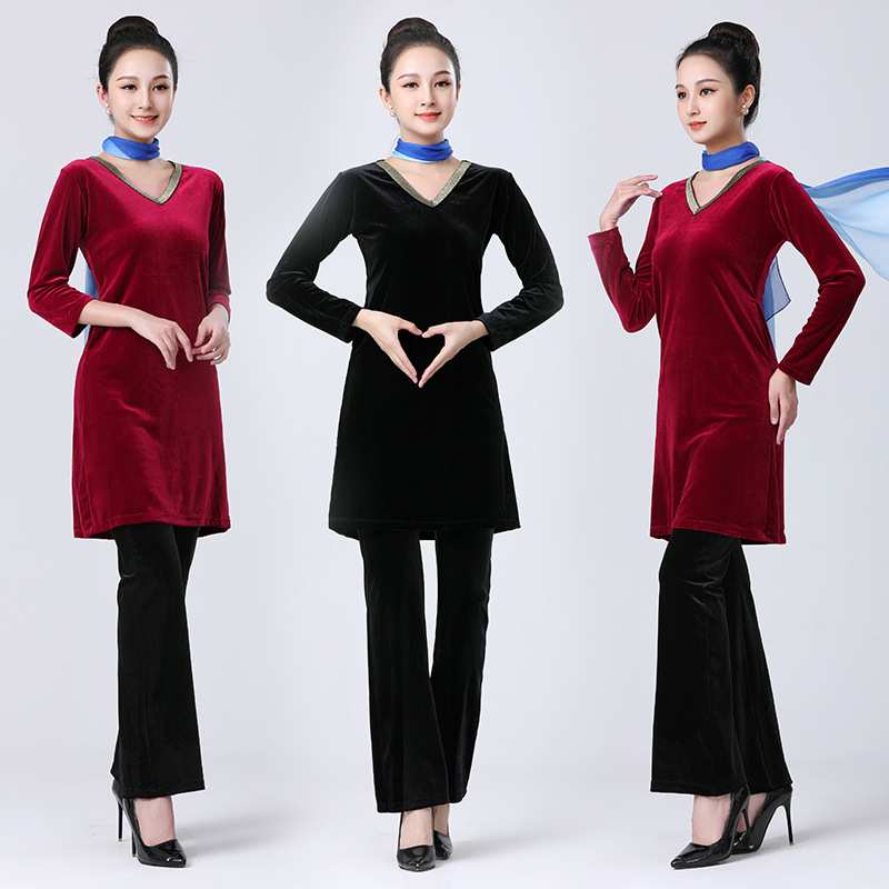 秋冬金丝绒形体礼仪训练服套装女模特走秀演出舞蹈练功服V领显瘦