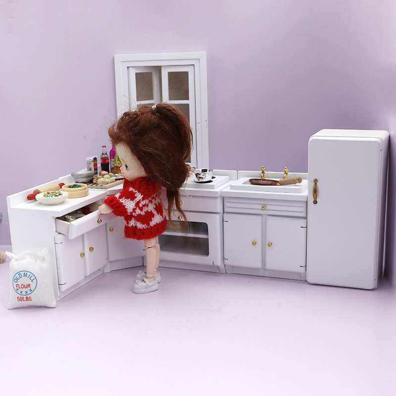 1：12娃娃屋家具厨房摆件灶台橱柜冰箱微缩场景模型OB11仿真橱柜