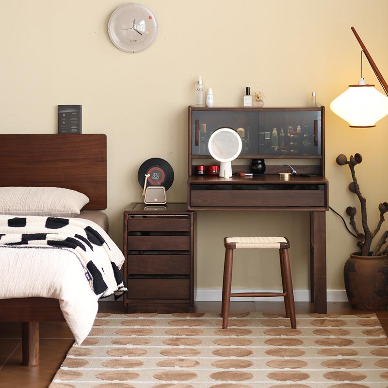 北美黑胡桃木梳妆台主卧梳妆台床头柜一体实木化妆桌小型简约北欧