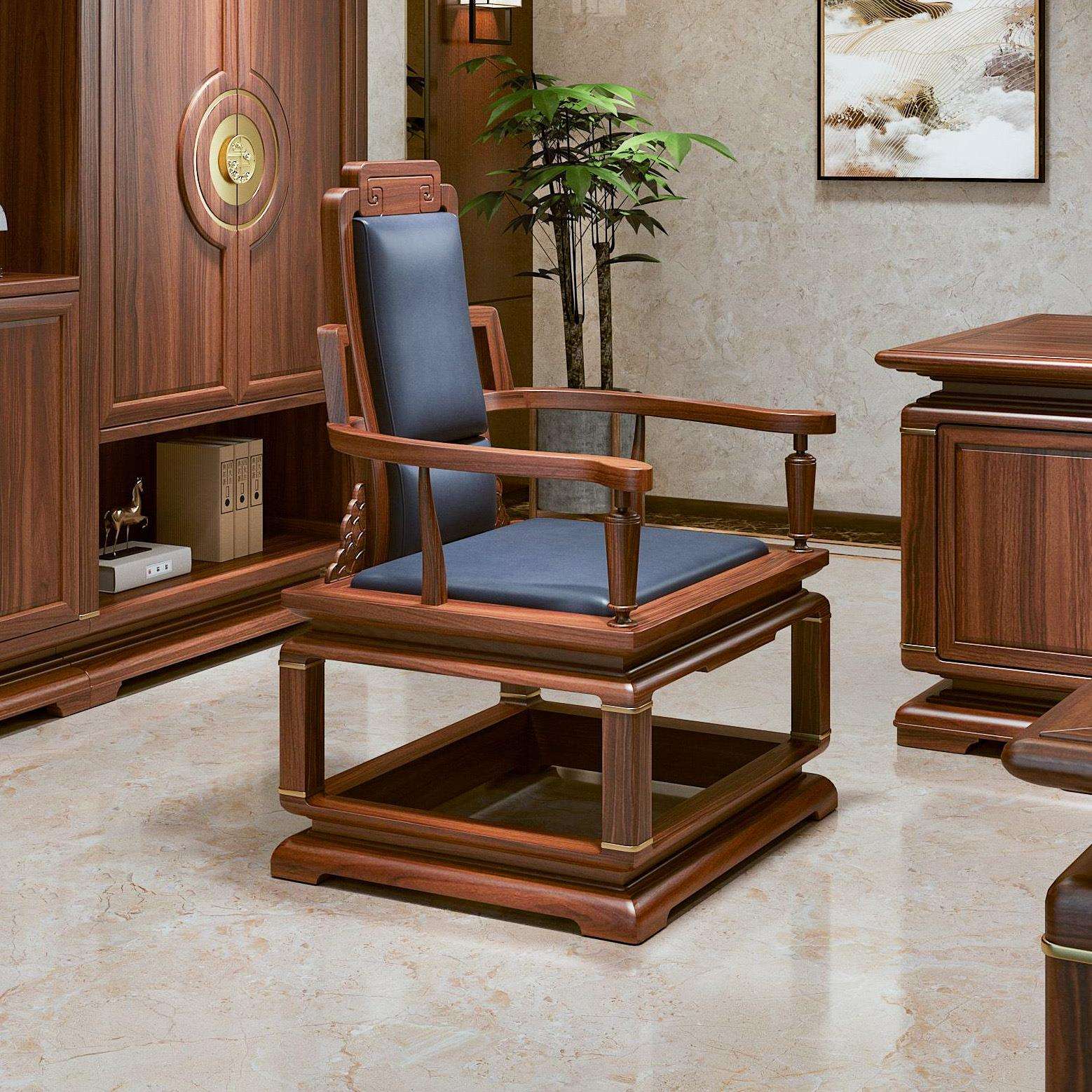 新中式太师椅茶桌主人椅打坐圈椅乌金木实木老板椅茶室宝座三件套