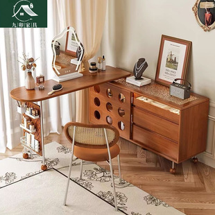 2026复古伸缩梳妆台中古卧室床边收纳妆镜斗柜一体转角实木化妆桌