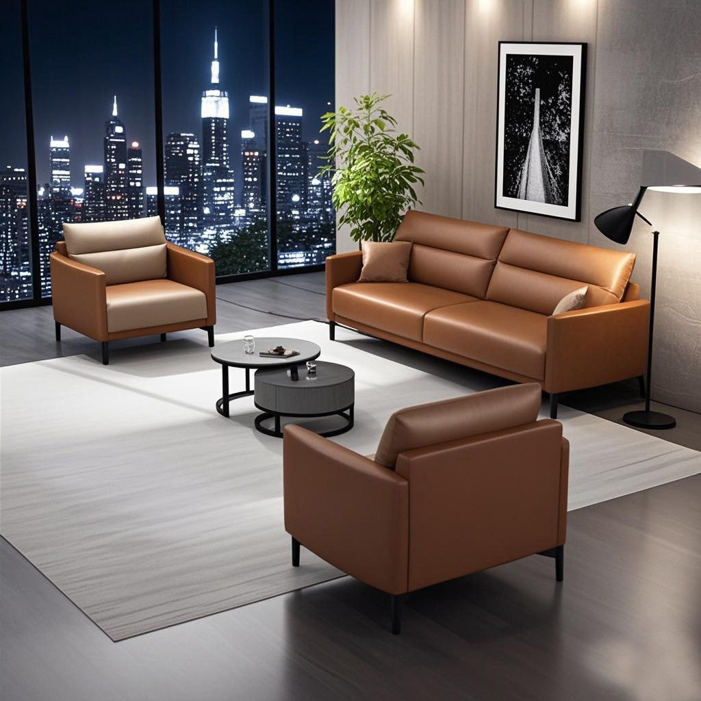 新品北欧办公室沙发皮艺休闲现代商务轻奢简约会客接待三人位茶几