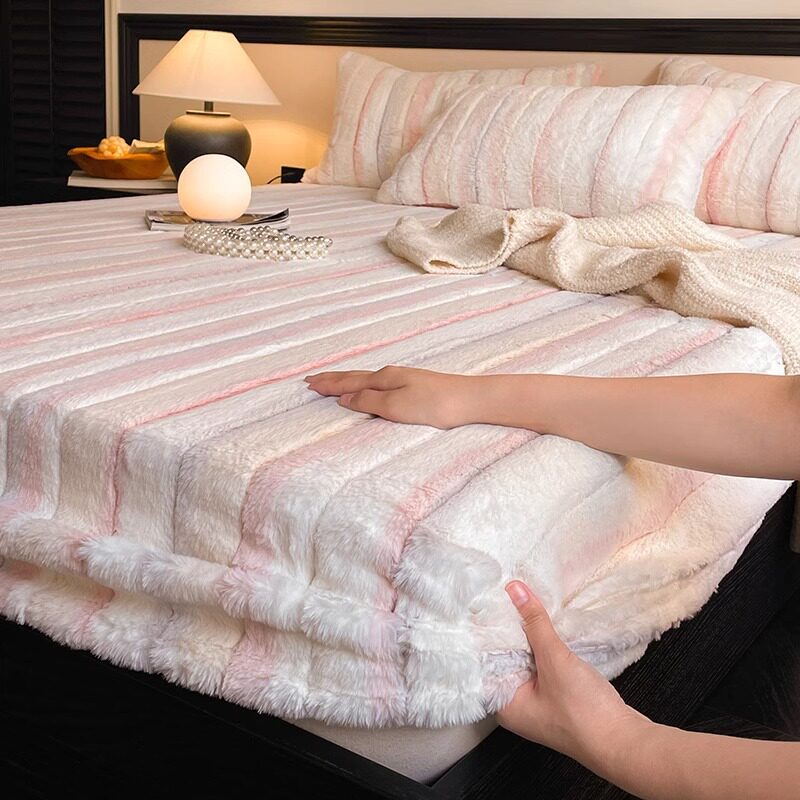 秋冬季加厚兔绒提花床笠一条简约条纹保暖床垫保护套1.5m1.8m家用