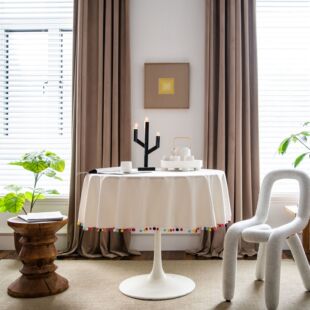 伊缦琪韵圆形桌布彩色毛球素色棉麻餐桌布盖布白色台布防尘盖巾