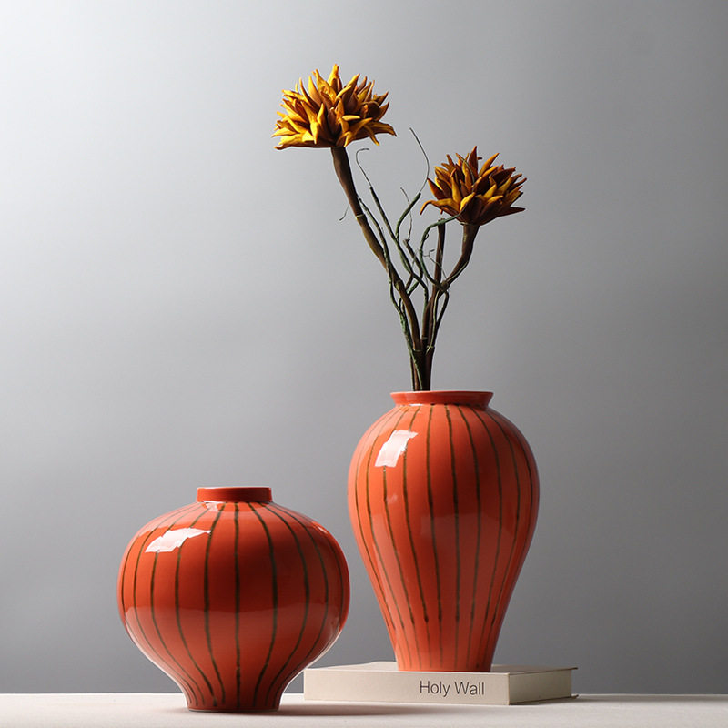 新中式橘色陶瓷花瓶条纹装饰插花花器水培鲜花摆件客厅创意工艺品,电子元器件市场,电线扎带/束线带,淘宝优惠券,粉丝福利购,淘宝优惠卷
