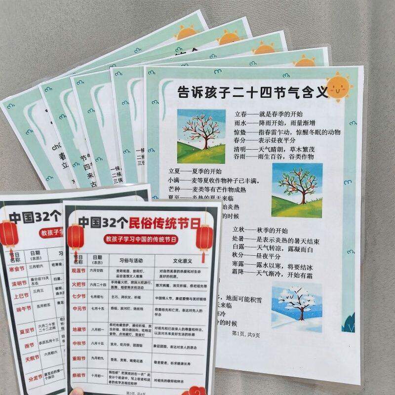 中国32个民俗传统节日+二十四节气七十二气候早教塑封挂图认知卡