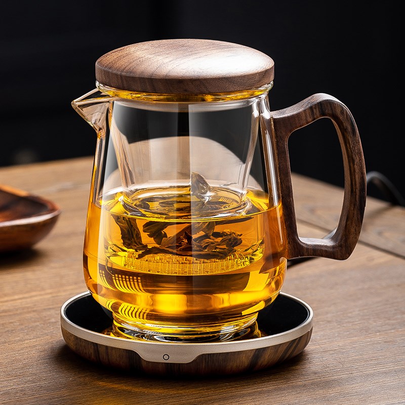 胡桃木侧把玻璃泡茶杯茶水分离过滤冲茶器M功夫茶具泡茶壶三件杯