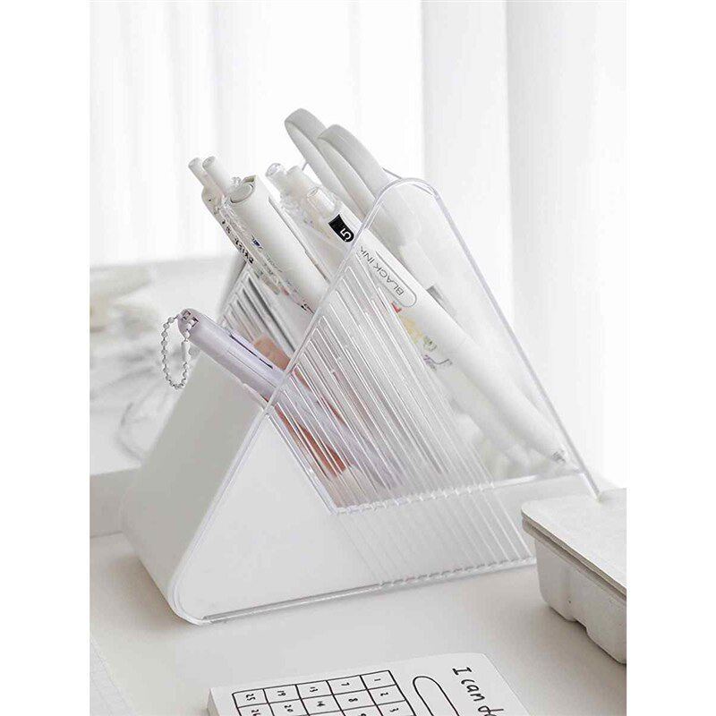 三角斜插式亚克力透明笔r筒学生桌面收纳盒办公室多功能带抽屉笔