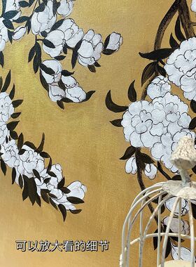 法式中国风中古挂画手绘油画金y箔漆画奶油风客厅装饰画四联壁画