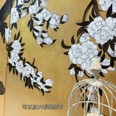 法式中国风中古挂画手绘油画金y箔漆画奶油风客厅装饰画四联壁画