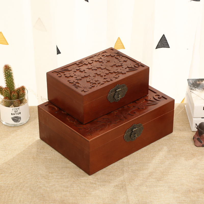 新品桌面化妆品收纳盒带锁木盒首饰盒创意复古大号U储物密码小箱
