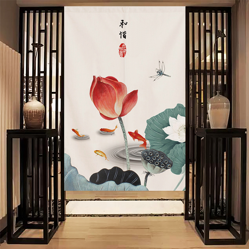 中式布艺门帘卧室隔断帘厨t房防油烟半帘短帘厕所卫生间免打孔挂