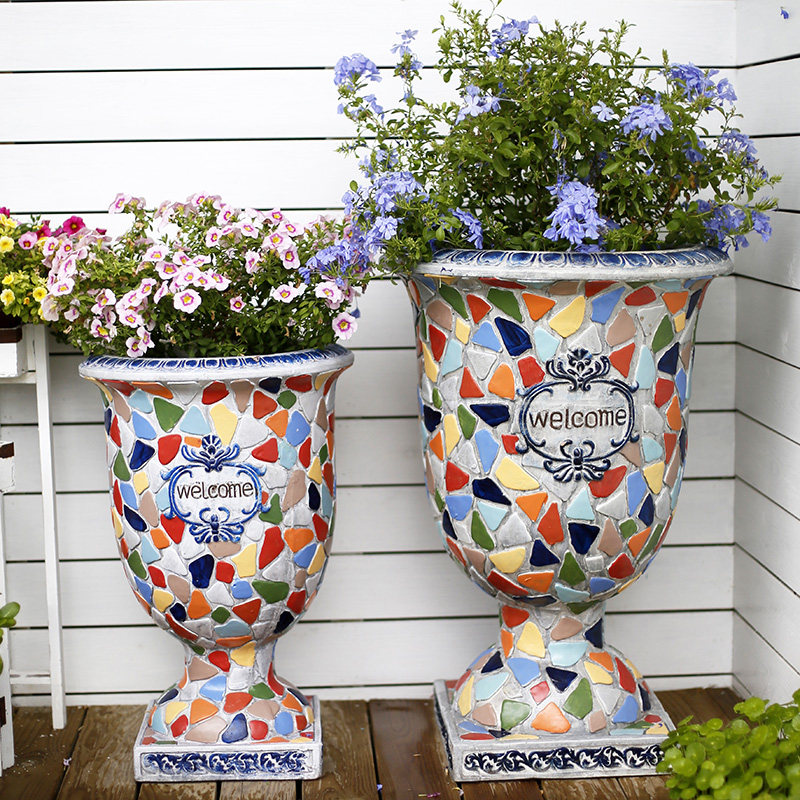 创意欧式b大号艺术高脚杯花盆户外仿陶瓷深高盆阳台花园布置摆件