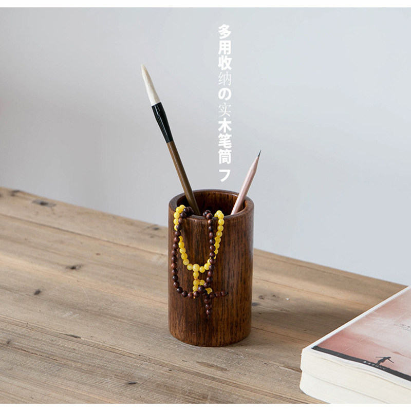 复古创意时尚木质笔筒仿古实木制毛笔筒原木圆形中国W风办公室用