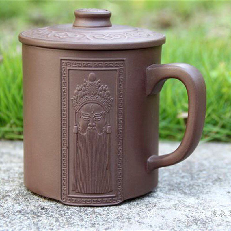 宜兴手工紫砂黑京剧脸谱杯盖杯家用办公室泡茶杯带盖Y水杯子大容