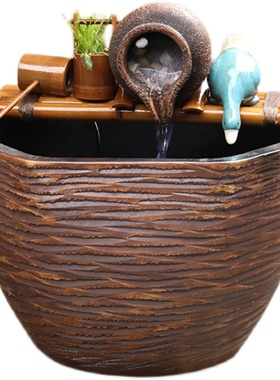 竹子流水器树脂陶罐水缸过滤器养鱼缸增氧流水摆件W循环水田园装