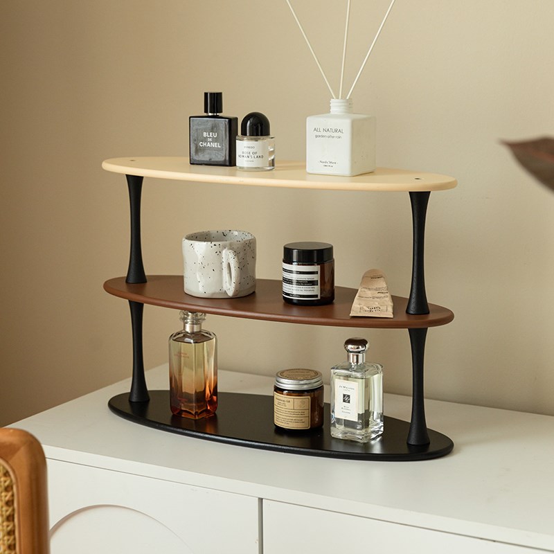 化妆品收纳盒桌面奶油p风梳妆台护肤品香水置物架木质玄关展示杯