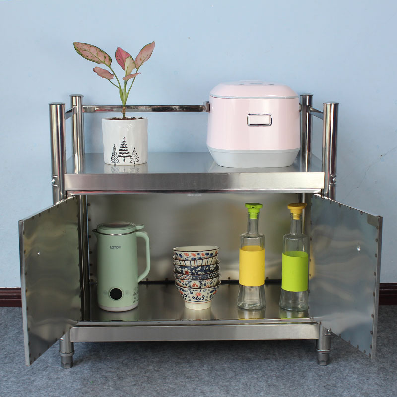 66高不锈钢微波炉置物架带柜门二层家用储K物架收纳货架落地餐边