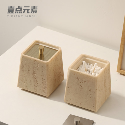 壹点元素侘寂风洞石高档r棉棒盒带盖子家用棉棒盒棉棒收纳盒创意