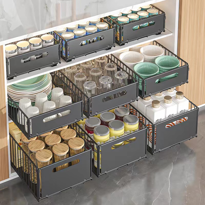 厨房下水槽置物架抽拉式拉篮橱柜内抽屉零食水杯T碗碟收纳框免打