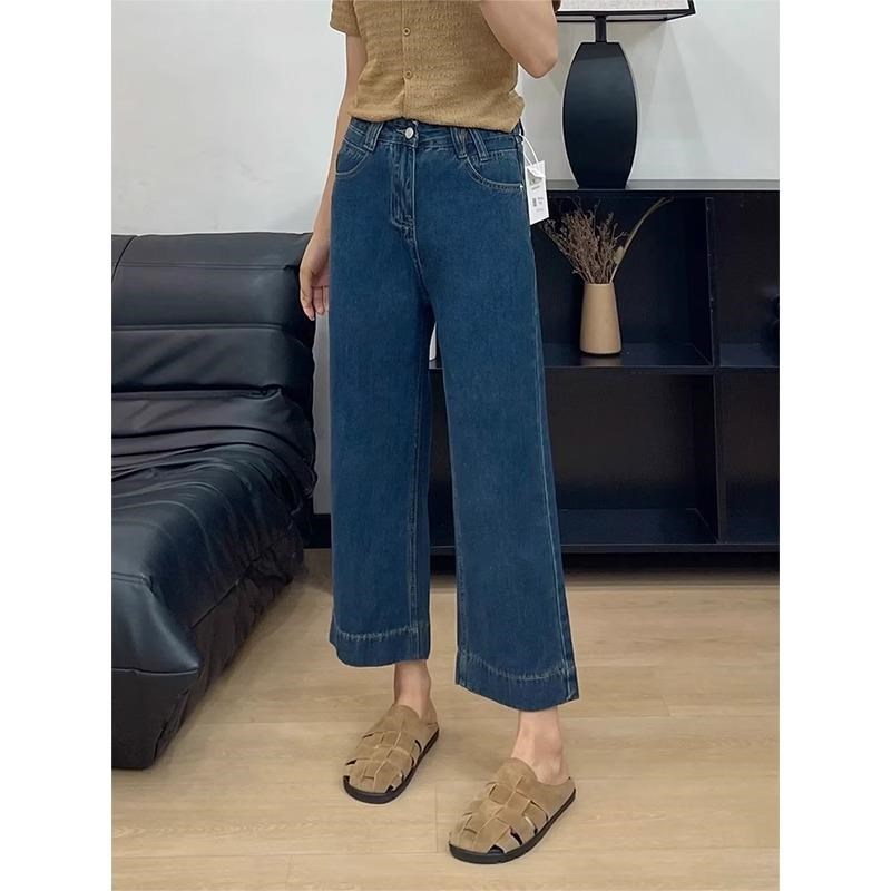 蓝色高腰直筒牛仔裤女春季新款大码胖mm梨形身材宽松显瘦阔腿裤子