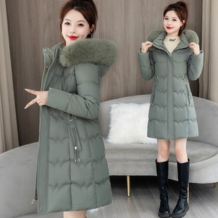 羽绒棉服女中长款冬季新款带毛领加厚妈妈外套保暖收腰小个子棉衣