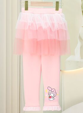 2024春秋季新款女童加绒加厚假两件裙裤网纱女宝宝长裤打底裤公主