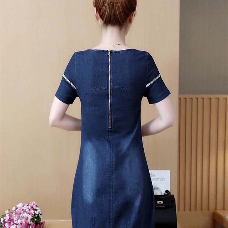 短袖牛仔连衣裙夏季新款简单加大码拉链女装修身显瘦中长款a字裙