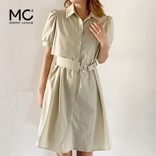 mc2翻领短袖连衣裙女装夏款腰部金属扣腰带收腰显瘦设计感衬衫裙