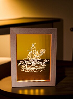 精雕佛陀观世音菩萨发光摆件USBLED实木夜灯展灯六字箴言般若心经
