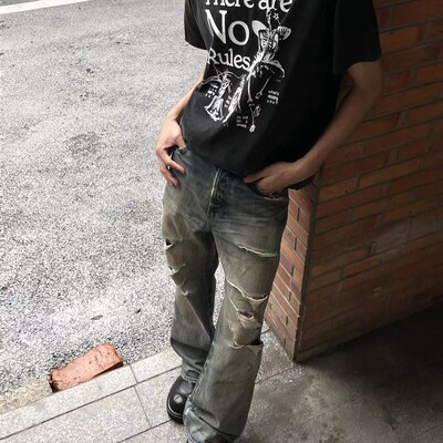 Baseplate 年度牛王手工刀割破洞磨烂做旧水洗微喇直蓝色牛仔裤