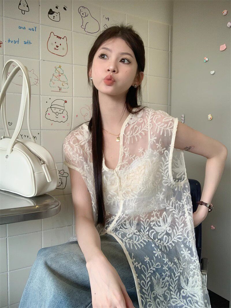 提花蕾丝镂空罩衫中长款马甲连衣裙女春夏季无袖气质开叉背心裙子