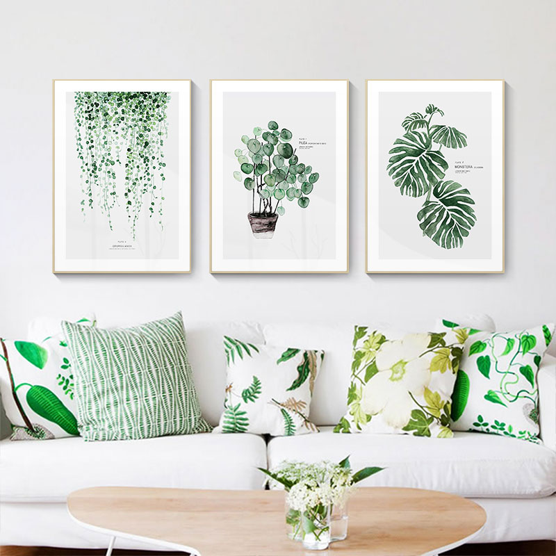 起贝北欧风格树叶小清新绿植客厅龟背竹装饰画植物沙发后面的挂画